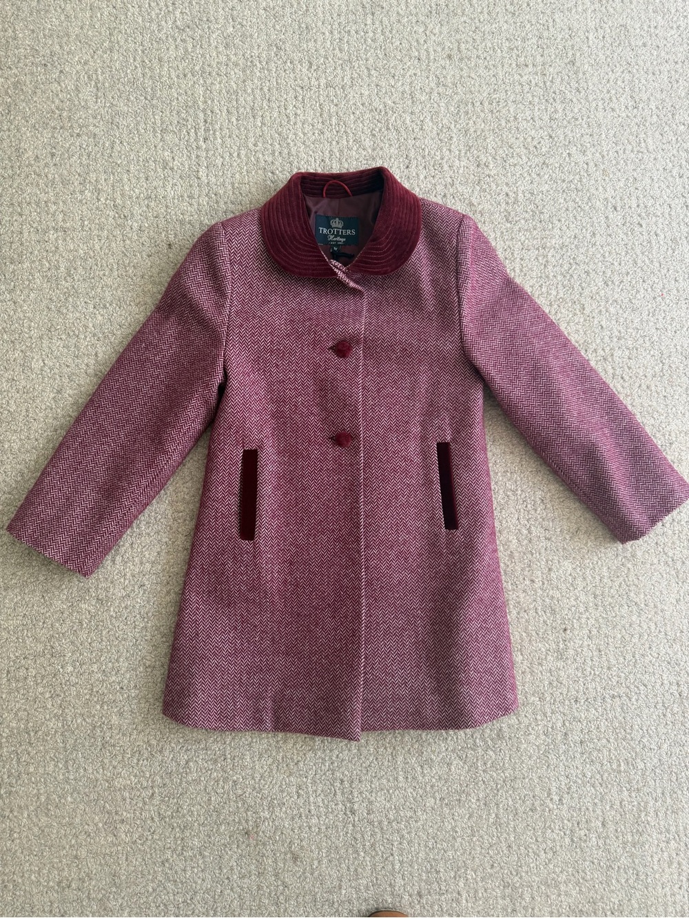 Trotters Rose Pink Tweed Coat with Velvet Accents